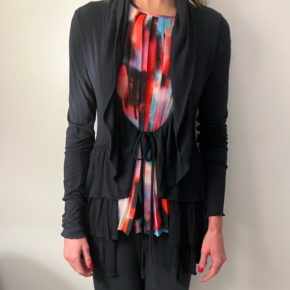 My Tribe black long sleeve ruffled back cardigan with drawstring tie. Size S.